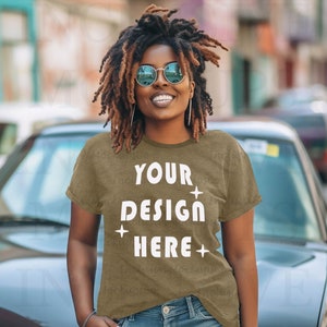 Black Model Mockup, Heather Olive Bella Canvas 3001 Mockup, African American Woman, Black Woman T-Shirt Mock Up, Olive Green Heather Mockup