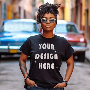 Black Model Mockup | Black Bella Canvas 3001 Mockup | African American Woman Mockup | Black Woman T-Shirt Mockup | Outdoors Lifestyle Mockup