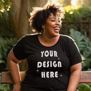 Black Model Mockup T-Shirt | Black Bella Canvas 3001 Mockup | Plus Size Mockup | Black Woman Mockup Outdoors Garden | African American Model