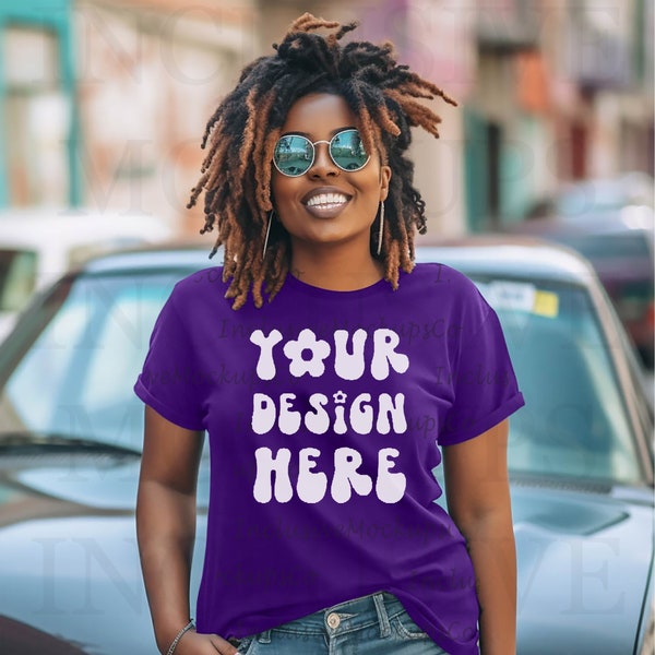 Black Model Mockup, Team Purple Bella Canvas 3001 Mockup, African American Woman Mockup, Black Woman T-Shirt Mockup, Purple Shirt Mockup