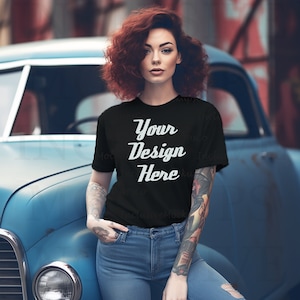 Black Bella Canvas 3001 Mockup, Rockabilly Tshirts, Black Shirt Mock Up, Aesthetic Mockup, Vintage T-Shirt, Vintage Car Mockup, Pin Up Mock