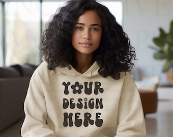 Sand Gildan 18500 Mockup Gildan Hoodie Black Model Mockup Sand Sweatshirt G18500 Fall Mock Up Bundle Aesthetic Mockup Black Girl Mockup Tee