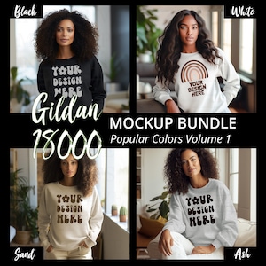 Gildan 18000 Sweatshirt Mockup Bundle Gildan Sweatshirt Black Model Mockup Bundle White Sweatshirt Black Sand Ash Sweatshirts Bundles 4 Mock