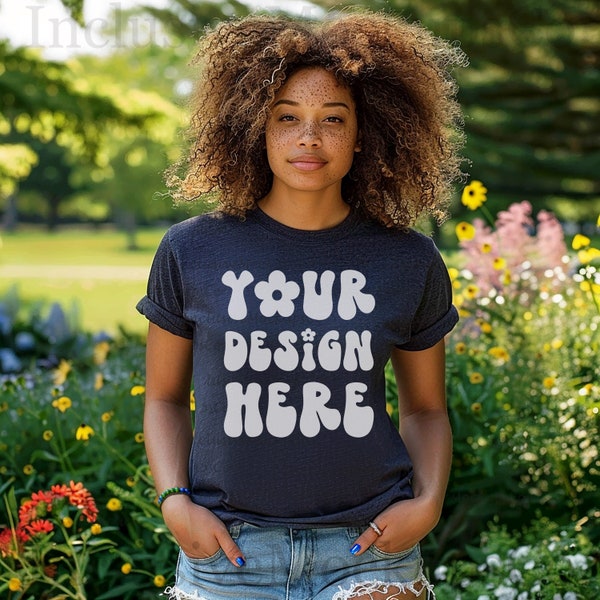 Black Model Mockup Heather Midnight Navy Bella Canvas 3001 Mockup African American Woman Mockup Black Woman T-Shirt Mockup Heather Navy Blue