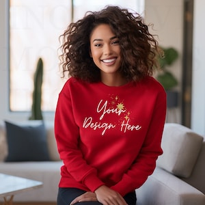 Red Sweatshirt Mockup Black Model, Red Gildan Sweatshirt Mockup, Gildan 18000 Sweatshirt Mockup, Black Model Sweater Mock, Black Girl Mockup