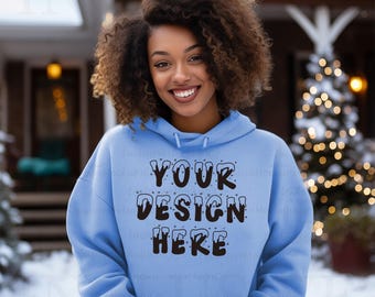 Blue Gildan 18500 Light Blue Hoodie Mockup Gildan Hoodie Mockup Blue Hoodie Mockup Black Girl Model Mockup Gildan Oversized Hooded Mock Up