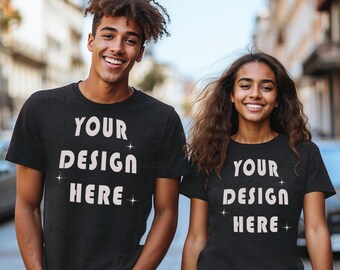 Black Heather Bella Canvas 3001 Mockup Heather Black Bella Canvas Mockup 3001 Black Couple Mockup Matching Shirts Mockup Black Model Mockup