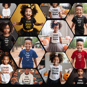 以下が含まれることがあります： 「Your Design Here」という文字が印刷されたさまざまなTシャツを着た子供たちの画像を12枚組み合わせたコラージュです。子供たちは年齢も人種も異なり、さまざまな表情をしています。画像は、カボチャ畑、森、公園など、さまざまな背景を背景にしています。