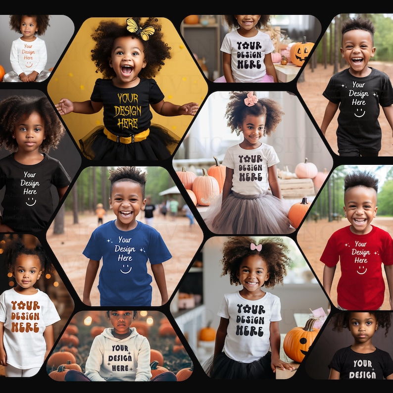 以下が含まれることがあります： 「Your Design Here」という文字が印刷されたさまざまなTシャツを着た子供たちの画像を12枚組み合わせたコラージュです。子供たちは年齢も人種も異なり、さまざまな表情をしています。画像は、カボチャ畑、森、公園など、さまざまな背景を背景にしています。