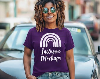 Black Model Mockup, Team Purple Bella Canvas 3001 Mockup, African American Woman Mockup, Black Woman T-Shirt Mockup, Purple Shirt Mockup