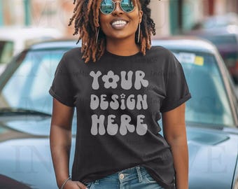 Black Model Mockup | Dark Grey Bella Canvas 3001 Mockup | African American Woman Mockup | Black Woman T-Shirt Mockup | Outdoors Mockup