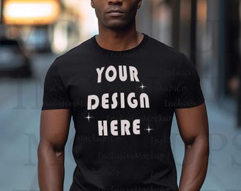 Maqueta de modelo negro Maqueta de camisa Gildan 64000 negra Maqueta de modelo masculino negro Maqueta de afroamericano Maquetas diversas Inclusivas Bella Canvas