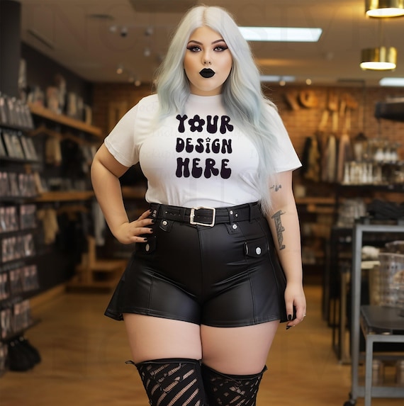 Plus Size Goth Clothing Mockup, White Bella Canvas 3001 Mockup Gothic, Alternative Goth Woman T-Shirt Mockup, Plus Size Model, Grunge Rocker