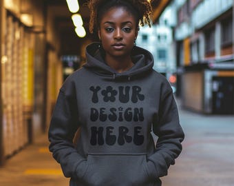Dark Heather Gildan 18500 Mockup Dark Heather Hoodie Mockup Black Model Mockup Gildan Mockup Bundle G185 Mock Gildan 18500 Black Girl Mockup