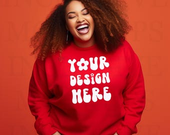 Plus Size Sweatshirt Mockup Black Model Red Gildan 18000 Mockup Plus Size Mockup Black Girl Mockup Bundle African American Model Mockup