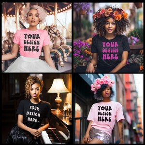 以下が含まれることがあります： ピンクまたは黒のTシャツを着た人の写真が4枚あります。Tシャツには「YOUR DESIGN HERE」という文字がプリントされています。2枚の写真では、花冠をかぶっています。写真は、メリーゴーラウンド、公園、ピアノのある部屋など、さまざまな場所で撮影されています。