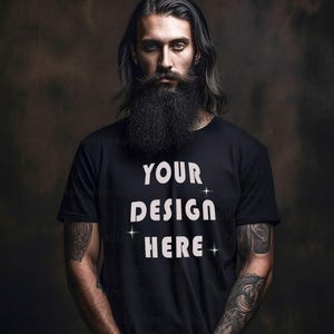 Bearded Man Mockup | Gildan 64000 Mockup | Male Model Beard Black T-Shirt Mockup | Comfort Colors Mockup | Dad Aesthetic Lifestyle Mockup