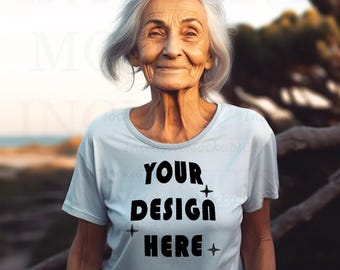 Senior Woman Mockup | White Tshirt Mockup | Old Woman Mockup | Eclectic Old Lady Mockup | Grandma Mockup | Grandmother Mockup