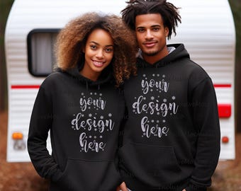 Black Couple Shirt Mockup Black Gildan 18500 Hoodie Black Couple Mock Up Matching Couple Shirts Mockup Camping Hoodie Mockup Bundle Hoodies