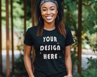 Black Model Mockup | Black Bella Canvas 3001 Mockup | African American Woman Mockup | Black Woman T-Shirt Mockup | Outdoors Lifestyle Mockup