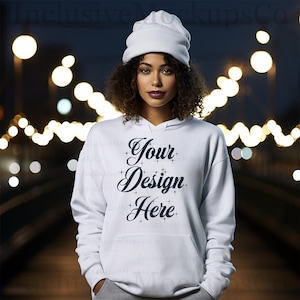 White Gildan 18500 Hoodie Mockup Gildan Hoodie Mock Up White Hoodie Mockup Black Model Mockup Girl Gildan Oversized Hooded Sweatshirt Mockup print on demand mockup printful mockup printify mockup POD mockup G18500 mock up female african american lady