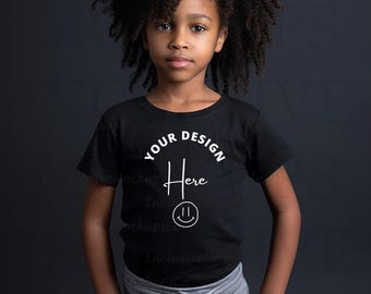Little Black Girl Mockup | Black Bella Canvas 3001 Child Mockup | Kid Tshirt Mockup | Black Model Mockup 3001Y | Kids Black Shirt Mockup