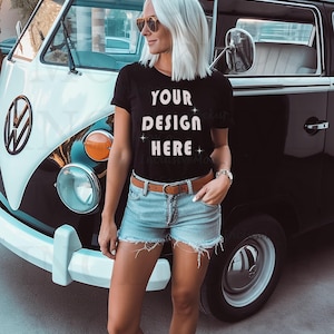 Black Bella Canvas 3001 Mockup | Bella Canvas Black Shirt Mock | Black T-Shirt Mock Up | Travel Mockup | VW Van Mockup | Outdoors Mockup