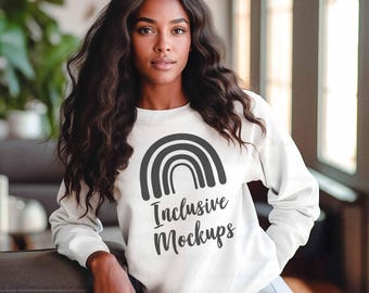 White Sweatshirt Mockup Black Model Black Girl Mockup White Gildan 18000 Sweatshirt Mockup White Gildan Sweatshirt Mockup White Sweater G180