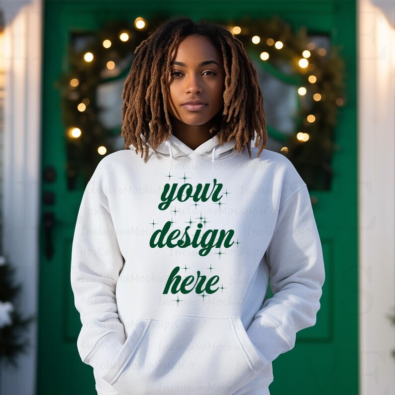 White Gildan 18500 Hoodie Mockup Gildan Hoodie Mock Up White Hoodie Mockup Black Model Mockup Girl Gildan Oversized Hooded Sweatshirt Mockup print on demand mockup printful mockup printify mockup POD mockup G18500 mock up female african american lady