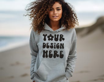 Gildan 18500 Sport Grey Hoodie Mockup Black Model Mockup Black Girl Mockup Gildan Hoodie Mockup Gray Hoodie Mockup Hooded Sweatshirt Mockup