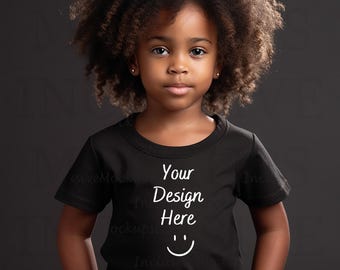 Little Black Girl Mockup | Black Bella Canvas 3001 Child Mockup | Kid Tshirt Mockup | African American Mockup | Kids Black Shirt Mockup