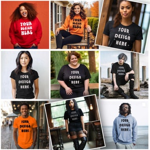 以下が含まれることがあります： 「YOUR DESIGN HERE」という文字が印刷された、さまざまなTシャツやスウェットシャツを着た人々を写した9枚の画像のコラージュ。画像には、赤いスウェットシャツ、黒いTシャツ、青いパーカー、オレンジ色のTシャツなど、さまざまなスタイルと色の衣服が映し出されています。