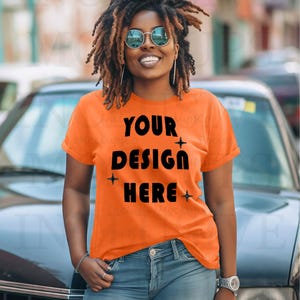 Black Model Mockup | Orange Bella Canvas 3001 Mockup | African American Woman Mockup | Black Woman T-Shirt Mockup | Halloween Shirt Mockup