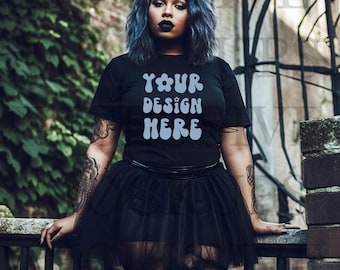 Black Model Mockup, Goth Clothing Mockup T-Shirt Plus Size, Black Bella Canvas 3001 Mockup, Goth Girl Black Model Mockup Black Girl Mockup