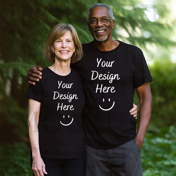 Interracial Couple Mockup Mixed Race Couple Mock Up Black Bella Canvas 3001 Black Model Mockup Bundle T-Shirt Mockup Old Grandparent Senior