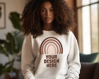 White Gildan 18000 Mockup Gildan White Sweatshirt Mockup Sweatshirt Model Mock Up White Gildan Crewneck Mockups Black Girl Mockup Model Mock
