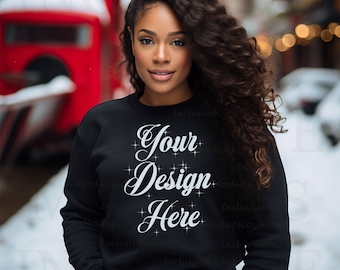Black Model Mockup Gildan 18000 Mockup Black Gildan Sweatshirt Mockup Christmas Mockup Gildan Mockup Black Girl Mockup Black Winter Red G180