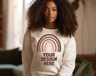 White Gildan 18000 Mockup Gildan White Sweatshirt Mockup Sweatshirt Model Mock Up White Gildan Crewneck Mockups Black Girl Mockup Model Mock