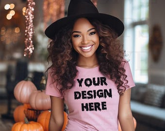 Black Model Mockup, Pink Halloween Shirt Mockup, Pink Bella Canvas 3001 Tee, Halloween Shirt SVG Mock Up, Pink Tshirt Mockup, Halloween Pink