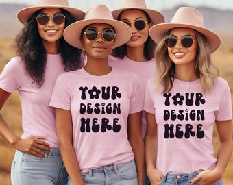 4 Women Group Mockup, Black Model Mockup, Diverse Best Friends Mockup, Pink Bella Canvas 3001 Shirt Mock Up, Girls Trip Bachelorette Mockup