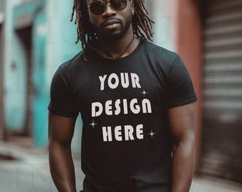 Maqueta de modelo negro / Maqueta de camiseta Bella Canvas 3001 negra / Hombre afroamericano / Maqueta de camiseta de modelo masculino negro / Afroamericano