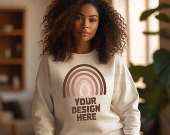 White Gildan 18000 Mockup Gildan White Sweatshirt Mockup Sweatshirt Model Mock Up White Gildan Crewneck Mockups Black Girl Mockup Model Mock
