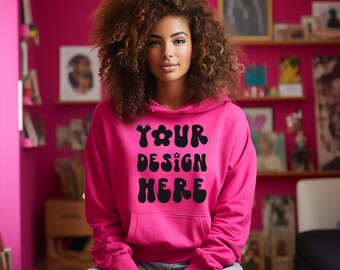 Gildan 18500 Pink Sweatshirt Mockup Heliconia Gildan 18500 Bundle Black Model Mockup Oversized Pink Sweatshirt Mockup Pink Black Girl Mockup