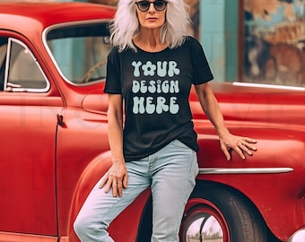 Black Bella Canvas 3001 Mockup | Senior White Woman Mockup | Eclectic Old Lady Mock | Black T-Shirt Grandma Mockup | Quirky Boho Mockup