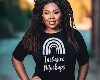 Black Model Mockup, Black Shirt Mock Up, Curvy Model Mock Up Black T-Shirt, Black Woman Mockup Dreadlocks, African American Female Model