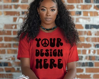 Black Model Mockup Red Bella Canvas 3001 Mockup African American Woman Mockup Black Woman T-Shirt Mockup Canvas Red BC 3001 Plus Size Mockup