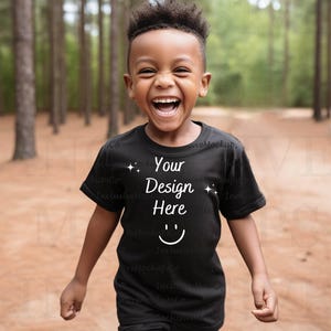 Little Black Boy Mockup, Black Bella Canvas 3001 Child Mockup, Kid Tshirt Mockup, African American Mock Up, Kids Black Shirt Mockup, Outdoor imagen 1