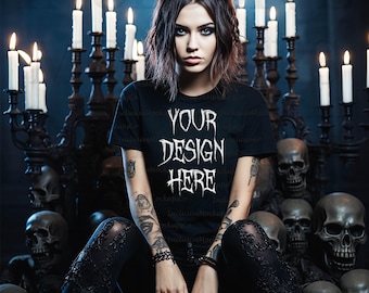 Goth Girl Mockup, Witchy Tshirt Mockup Halloween Shirt, Black Bella Canvas 3001 Mock, Black Halloween Shirt, Pastel Goth, Goth Clothing