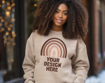 Gildan Sand 18000 Mockup Gildan Sand Sweater Mock Up Sand Gildan 18000 Oversized Sweatshirt Mockup Bundle Black Model Mockup Black Girl G180