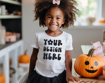 Little Black Girl Mockup, Halloween Shirt Mockup, Black Model Mockup Child, White Bella Canvas 3001T Mockup, White Shirt Mockup Fall Kids